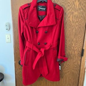 NWT Guess red wool coat, belted, Sz L